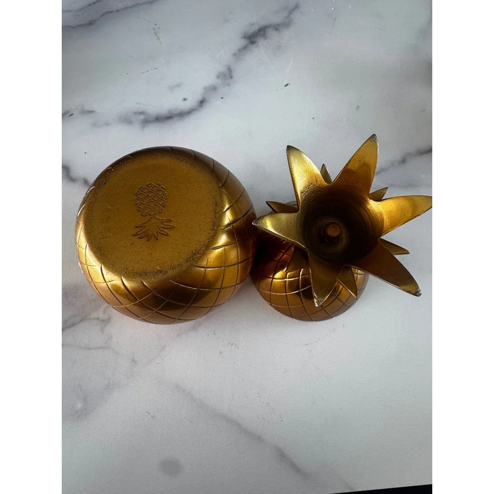 Vintage Brass Pineapple Set 3pc Hollywood Regency/Tiki Gold Barware Decor 7